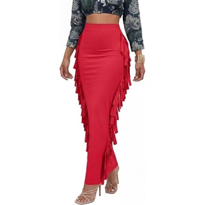 image:imageLYANER Womens Skirt Fringe Side Tassel Elastic Waist Slim Bodycon Long Maxi Pencil Skirts for ClubRed