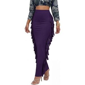 image:imageLYANER Womens Skirt Fringe Side Tassel Elastic Waist Slim Bodycon Long Maxi Pencil Skirts for ClubSolid Dark Purple