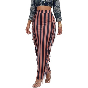 image:imageLYANER Womens Skirt Fringe Side Tassel Elastic Waist Slim Bodycon Long Maxi Pencil Skirts for ClubStripe Brown