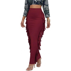 image:imageLYANER Womens Skirt Fringe Side Tassel Elastic Waist Slim Bodycon Long Maxi Pencil Skirts for ClubWine Red