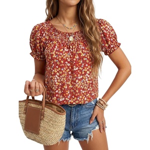 image:imageLYANER Womens Smocked Round Neck Ruched Ruffle Short Sleeve Loose Fit Boho Blouse TopsWine Red
