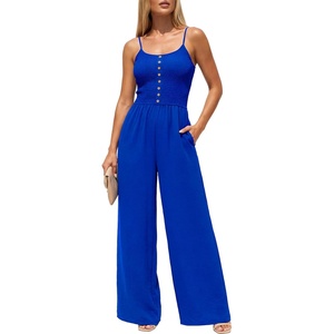 image:imageLYANER Womens Smocked Spaghetti Strap Wide Leg Casual Romper Jumpsuit with PocketsRoyal Blue