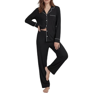 image:imageLYANER Womens Soft Modal Pajamas Long Sleeve Button Down PJS V Neck 2 Piece Sleepwear Lounge SetsBlack