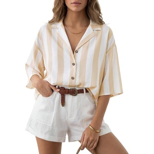 image:imageLYANER Womens Striped Collared Button Down 34 Sleeve Loose Fit Dressy Casual BlouseYellow