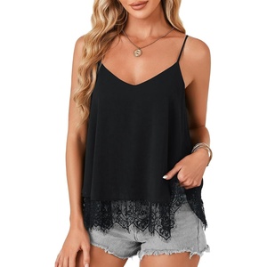 image:imageLYANER Womens Summer Cute Cami Shirts V Neck Spaghetti Strap Sleeveless Lace Trim Tops Solid Black Large