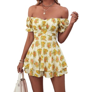 image:imageLYANER Womens Summer Off The Shoulder Wrap Tie Back Short Sleeve Ruffle Romper Dress Short JumpsuitRose White