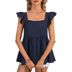 image:imageLYANER Womens Summer Sleeveless Peplum Blouse Square Neck Ruffle Strap Babydoll Tank TopNavy