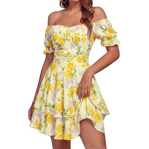 image:imageLYANER Womens Tie Back Off Shoulder Wrap Layer Ruffle A Line Short Sleeve Casual Mini DressChampagne Rose Floral