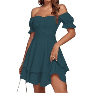 image:imageLYANER Womens Tie Back Off Shoulder Wrap Layer Ruffle A Line Short Sleeve Casual Mini DressTeal Blue