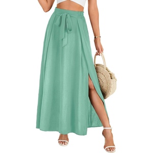 image:imageLYANER Womens Tie Front Pleated A Line Skirt High Waist Flowy Boho Maxi Dress with Slit Dressy OutfitLight Green