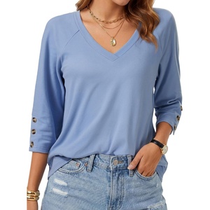image:imageLYANER Womens V Neck Button Raglan 34 Sleeve Dressy Casual Tunic Blouses TopsLight Blue