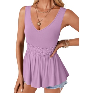 image:imageLYANER Womens V Neck Lace Ruffle Babydoll Tank Top Sleeveless Flowy Peplum Summer TopsLight Purple