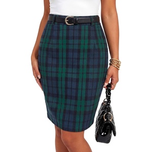 image:imageLYANER Womens Wool Plaid Skirt Elegant High Waist Zipper Bodycon Fall Pencil Midi Knee Length SkirtsDark Green 419