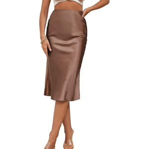 image:imageLYANER Womens Zipper Side Satin Silky Ruffle Silky Midi SkirtCamel
