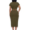 image:imageLYANER Womens 2 Piece Outfits Crew Neck Fringe Short Sleeve Crop Top and Tassel Trim Bodycon Midi Skirt SetArmy Green