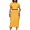 image:imageLYANER Womens 2 Piece Outfits Crew Neck Fringe Short Sleeve Crop Top and Tassel Trim Bodycon Midi Skirt SetGinger