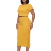 image:imageLYANER Womens 2 Piece Outfits Crew Neck Fringe Short Sleeve Crop Top and Tassel Trim Bodycon Midi Skirt SetGinger