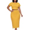 image:imageLYANER Womens 2 Piece Outfits Crew Neck Fringe Short Sleeve Crop Top and Tassel Trim Bodycon Midi Skirt SetGinger