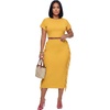 image:imageLYANER Womens 2 Piece Outfits Crew Neck Fringe Short Sleeve Crop Top and Tassel Trim Bodycon Midi Skirt SetGinger