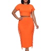 image:imageLYANER Womens 2 Piece Outfits Crew Neck Fringe Short Sleeve Crop Top and Tassel Trim Bodycon Midi Skirt SetNeon Orange