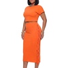 image:imageLYANER Womens 2 Piece Outfits Crew Neck Fringe Short Sleeve Crop Top and Tassel Trim Bodycon Midi Skirt SetNeon Orange