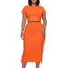 image:imageLYANER Womens 2 Piece Outfits Crew Neck Fringe Short Sleeve Crop Top and Tassel Trim Bodycon Midi Skirt SetNeon Orange