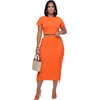 image:imageLYANER Womens 2 Piece Outfits Crew Neck Fringe Short Sleeve Crop Top and Tassel Trim Bodycon Midi Skirt SetNeon Orange