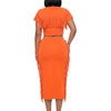 image:imageLYANER Womens 2 Piece Outfits Crew Neck Fringe Short Sleeve Crop Top and Tassel Trim Bodycon Midi Skirt SetNeon Orange