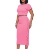 image:imageLYANER Womens 2 Piece Outfits Crew Neck Fringe Short Sleeve Crop Top and Tassel Trim Bodycon Midi Skirt SetSolid Pink