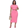 image:imageLYANER Womens 2 Piece Outfits Crew Neck Fringe Short Sleeve Crop Top and Tassel Trim Bodycon Midi Skirt SetSolid Pink
