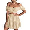 image:imageLYANER Womens 2 Piece Outfits Floral Off Shoulder Tie Up Crop Top and Mini Skirt SetBeige