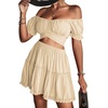 image:imageLYANER Womens 2 Piece Outfits Floral Off Shoulder Tie Up Crop Top and Mini Skirt SetBeige