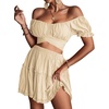 image:imageLYANER Womens 2 Piece Outfits Floral Off Shoulder Tie Up Crop Top and Mini Skirt SetBeige