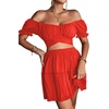 image:imageLYANER Womens 2 Piece Outfits Off Shoulder Tie Up Back Crop Top and Mini Skirt Set Solid Red XSmall