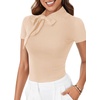 image:imageLYANER Womens Bow Tie Knot Mock Neck Short Sleeve Work Tee TShirt Tunic TopBeige