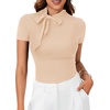 image:imageLYANER Womens Bow Tie Knot Mock Neck Short Sleeve Work Tee TShirt Tunic TopBeige