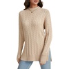 image:imageLYANER Womens Cable Knit Side Split Crew Neck Long Sleeve Casual Pullover SweaterKhaki