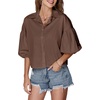 image:imageLYANER Womens Collar V Neck Button Down Lantern Short Sleeve Blouse Crop Top ShirtDark Brown