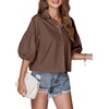 image:imageLYANER Womens Collar V Neck Button Down Lantern Short Sleeve Blouse Crop Top ShirtDark Brown