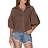 image:imageLYANER Womens Collar V Neck Button Down Lantern Short Sleeve Blouse Crop Top ShirtDark Brown