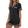 image:imageLYANER Womens Cotton Pajamas Set Button Short Sleeve Shirt with Shorts Set PJs LoungewearBlack