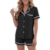 image:imageLYANER Womens Cotton Pajamas Set Button Short Sleeve Shirt with Shorts Set PJs LoungewearBlack