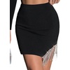 image:imageLYANER Womens Fringe Rhinestone Slit Asymmetrical Hem High Waist Ribbed Bodycon Short SkirtsBlack