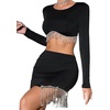 image:imageLYANER Womens Fringe Rhinestone Slit Asymmetrical Hem High Waist Ribbed Bodycon Short SkirtsBlack