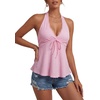 image:imageLYANER Womens Lace Trim Halter V Neck Ruched Ruffle Backless Y2k Sexy Cami Peplum TopsPink