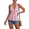 image:imageLYANER Womens Lace Trim Halter V Neck Ruched Ruffle Backless Y2k Sexy Cami Peplum TopsPink