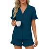 image:imageLYANER Womens Pajamas Set Button Down V Neck Short Sleeve Ruffle Pjs Top with Shorts SleepwearDeep Teal