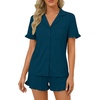 image:imageLYANER Womens Pajamas Set Button Down V Neck Short Sleeve Ruffle Pjs Top with Shorts SleepwearDeep Teal