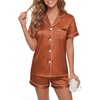 image:imageLYANER Womens Silky Satin Pajamas Set Short Sleeve Button Down Shirt With Shorts Pjs Set SleepwearBrown