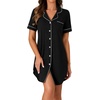 image:imageLYANER Womens Striped Nightgown Short Sleeve Sleepshirt Button Down Nightshirt SleepwearBlack
